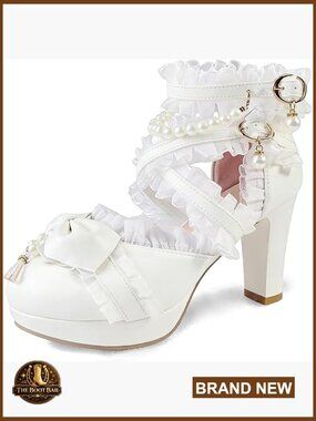 Mary Jane Platform Heels with Bow Pearl Ankle Strap Pumps
